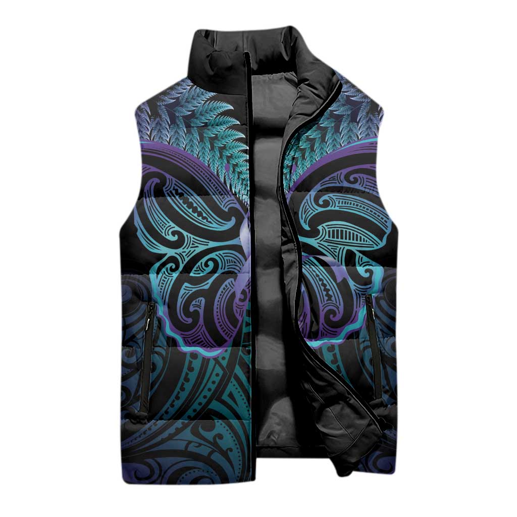 Suicide Prevention New Zealand Sleeveless Puffer Jacket Aotearoa Maori Butterfly Mix Silver Fern - Aussie Hoodie