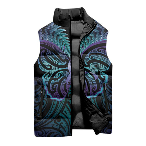 Suicide Prevention New Zealand Sleeveless Puffer Jacket Aotearoa Maori Butterfly Mix Silver Fern - Aussie Hoodie