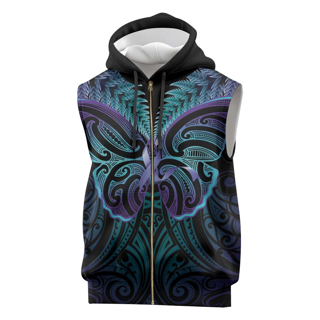 Suicide Prevention New Zealand Sleeveless Zip Hoodie Aotearoa Maori Butterfly Mix Silver Fern - Aussie Hoodie