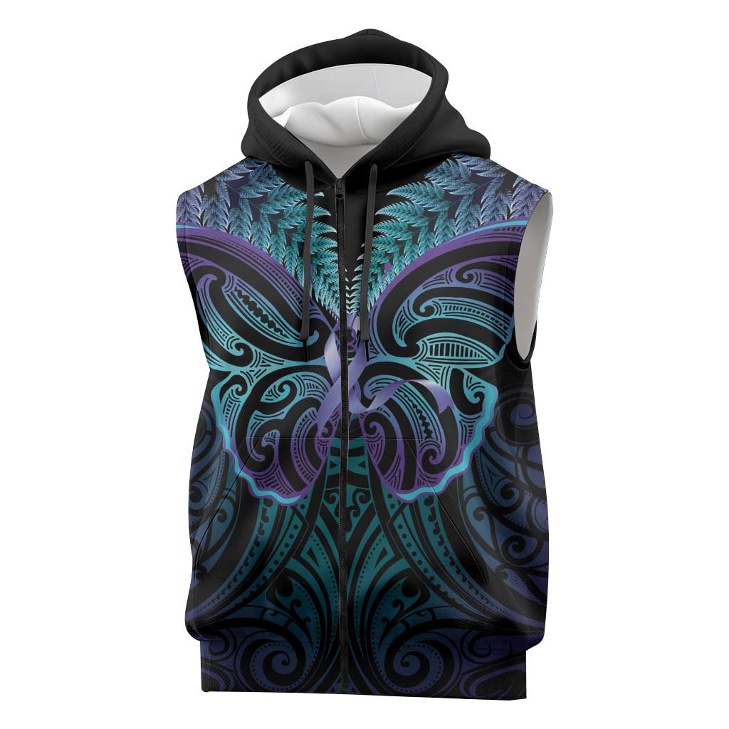 Suicide Prevention New Zealand Sleeveless Zip Hoodie Aotearoa Maori Butterfly Mix Silver Fern LT14