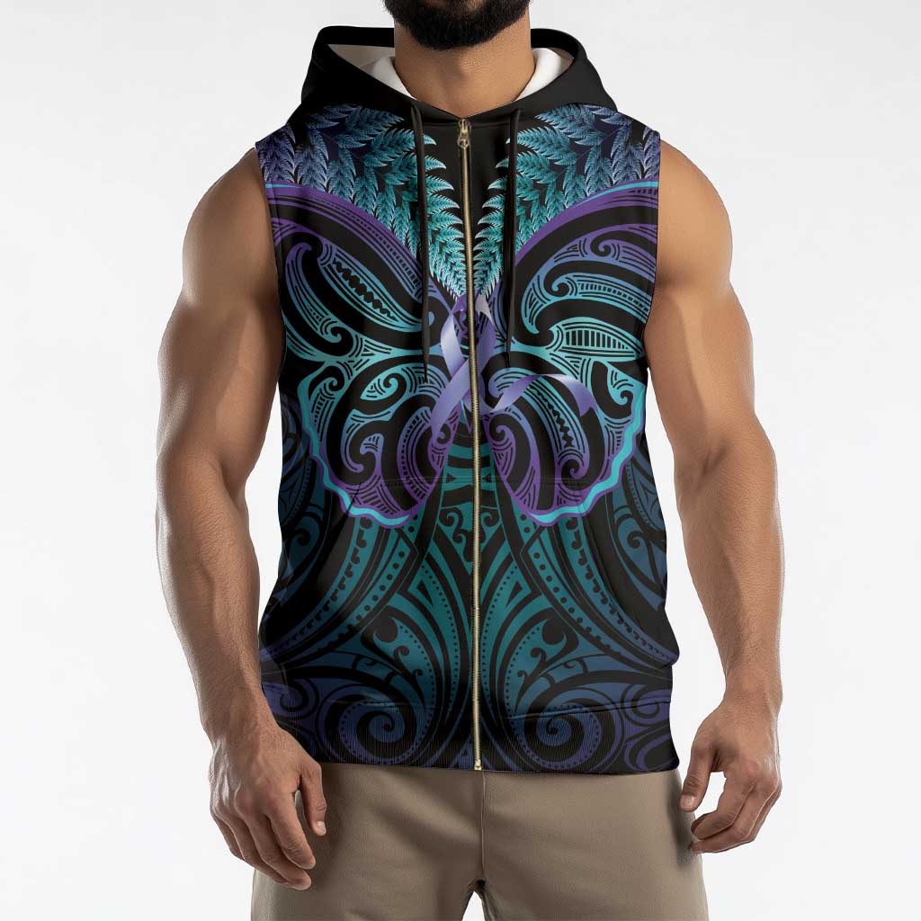 Suicide Prevention New Zealand Sleeveless Zip Hoodie Aotearoa Maori Butterfly Mix Silver Fern - Aussie Hoodie