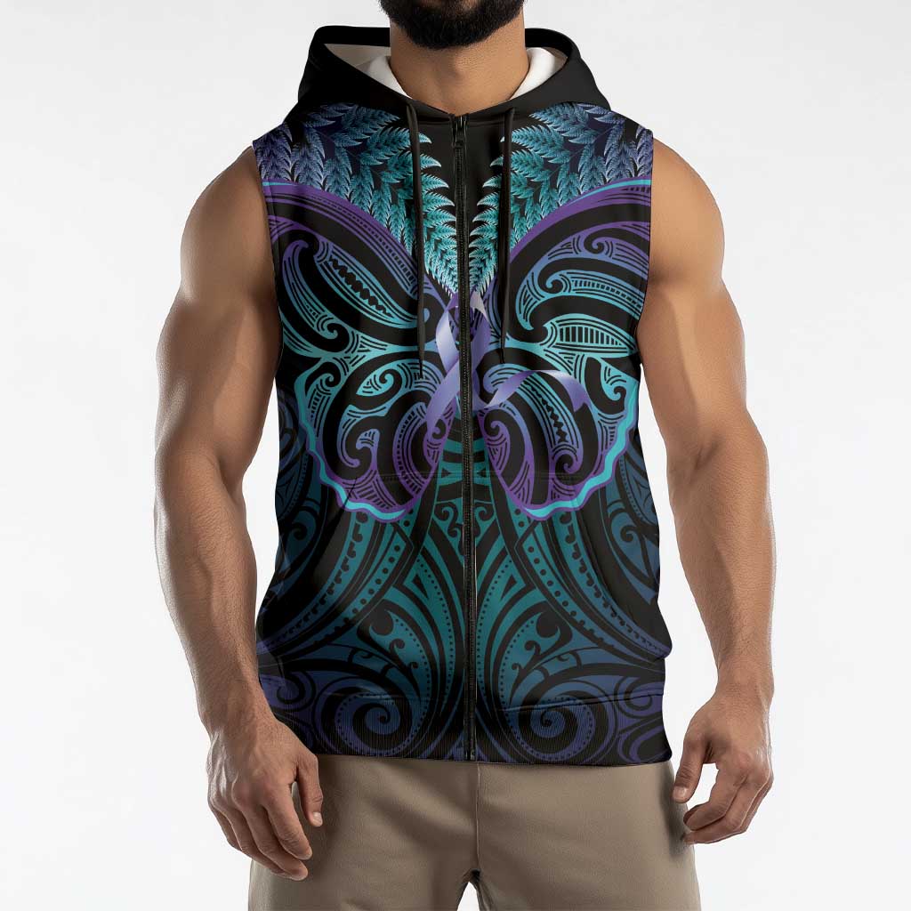 Suicide Prevention New Zealand Sleeveless Zip Hoodie Aotearoa Maori Butterfly Mix Silver Fern LT14