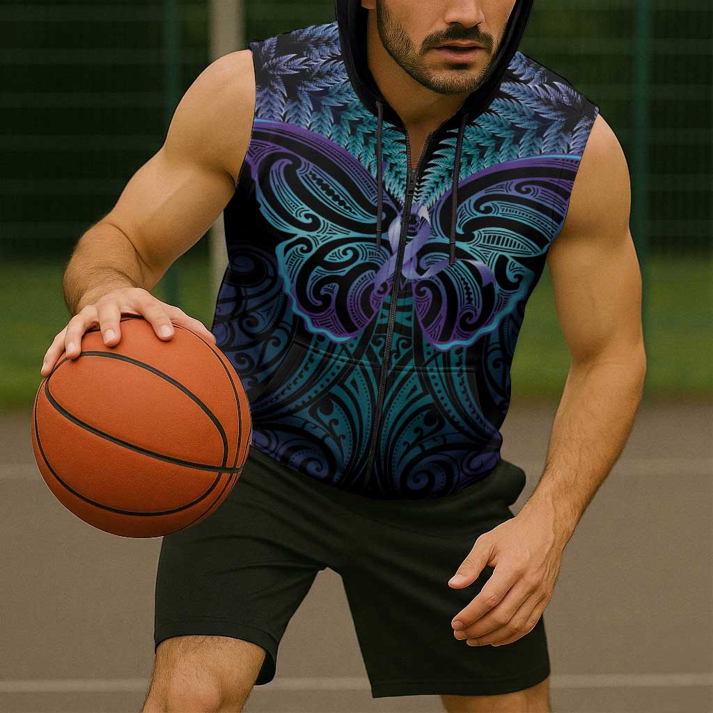 Suicide Prevention New Zealand Sleeveless Zip Hoodie Aotearoa Maori Butterfly Mix Silver Fern LT14