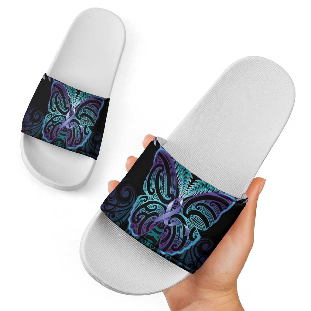Suicide Prevention New Zealand Slide Sandals Aotearoa Maori Butterfly Mix Silver Fern - Aussie Hoodie