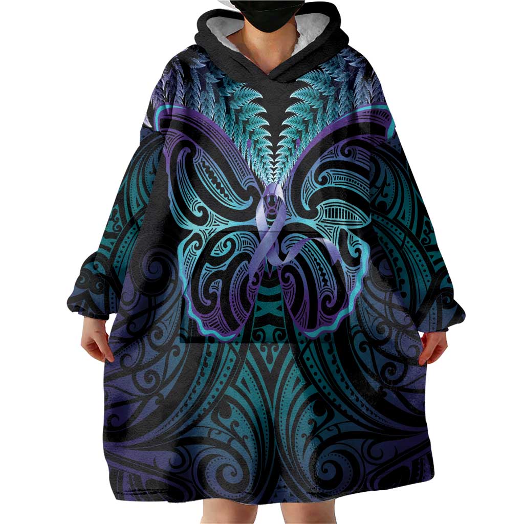 Suicide Prevention New Zealand Wearable Blanket Hoodie Aotearoa Maori Butterfly Mix Silver Fern - Aussie Hoodie