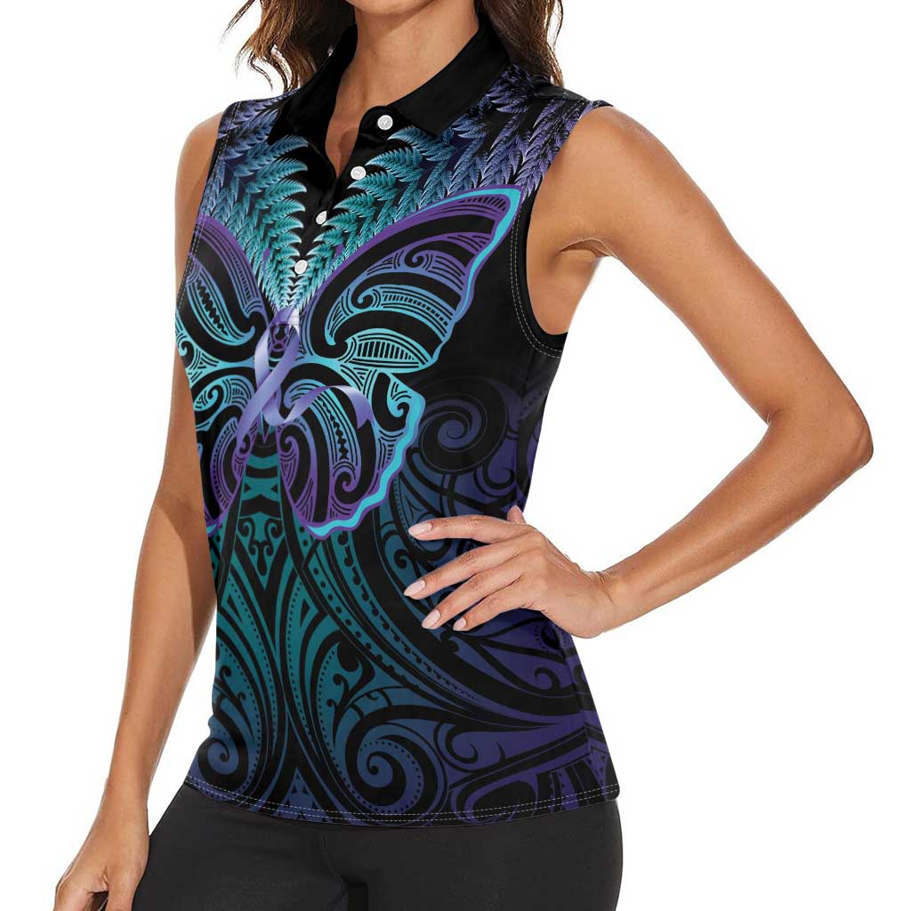 Suicide Prevention New Zealand Women Sleeveless Polo Shirt Aotearoa Maori Butterfly Mix Silver Fern - Aussie Hoodie