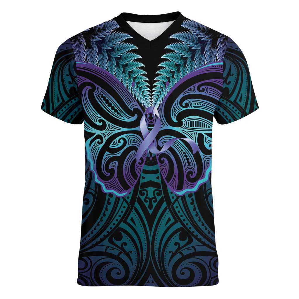 Suicide Prevention New Zealand Women V-Neck T-Shirt Aotearoa Maori Butterfly Mix Silver Fern - Aussie Hoodie