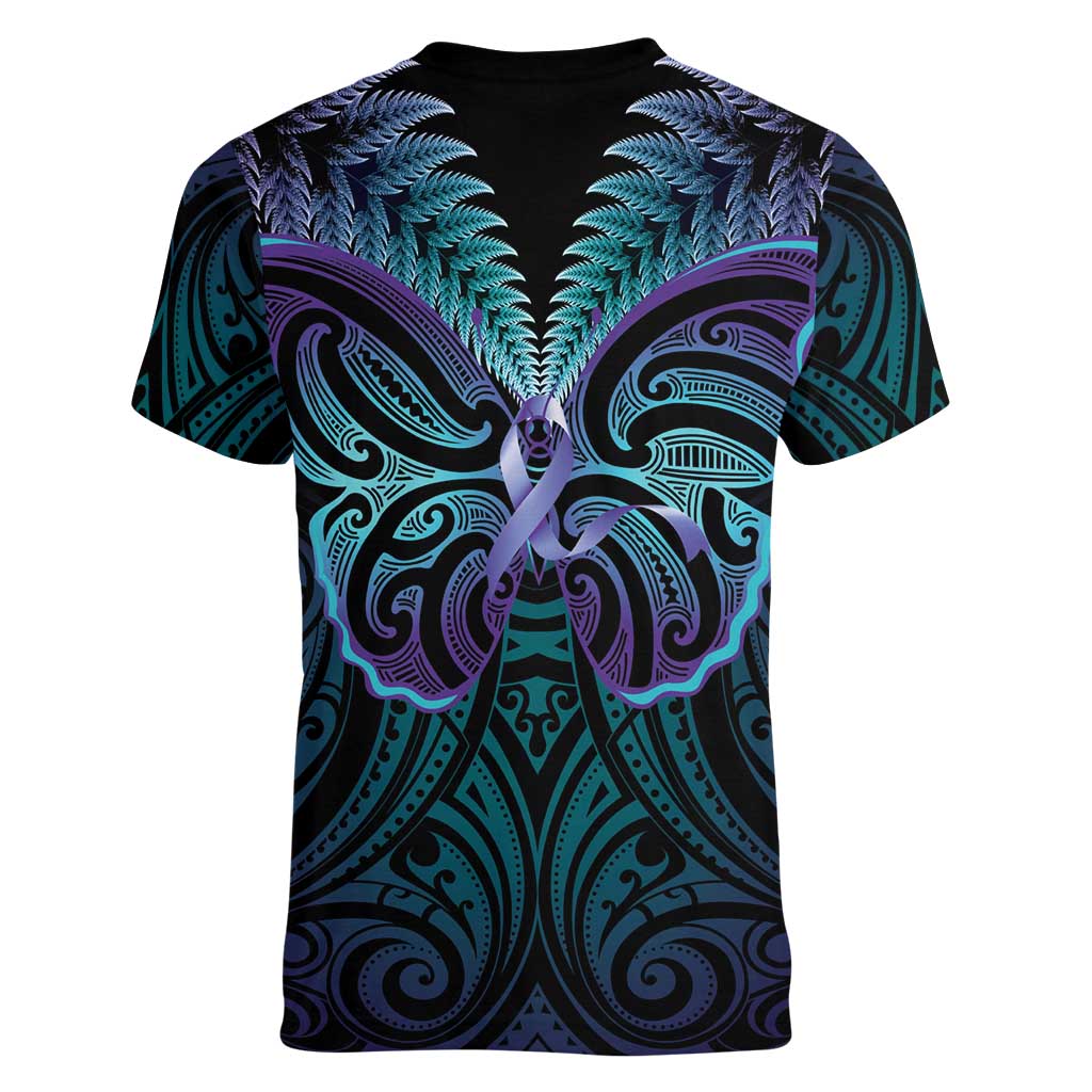 Suicide Prevention New Zealand Women V-Neck T-Shirt Aotearoa Maori Butterfly Mix Silver Fern - Aussie Hoodie