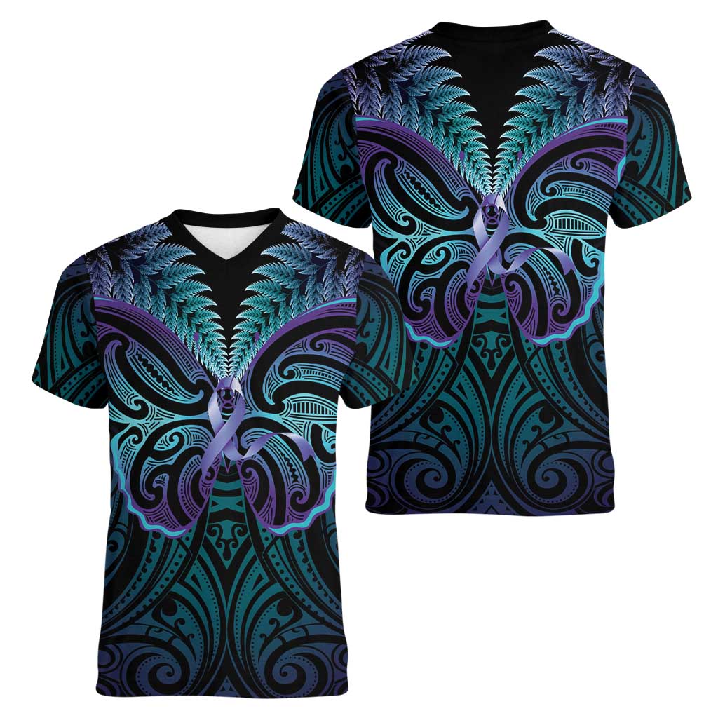 Suicide Prevention New Zealand Women V-Neck T-Shirt Aotearoa Maori Butterfly Mix Silver Fern - Aussie Hoodie