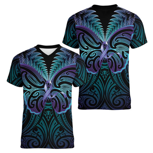 Suicide Prevention New Zealand Women V-Neck T-Shirt Aotearoa Maori Butterfly Mix Silver Fern - Aussie Hoodie