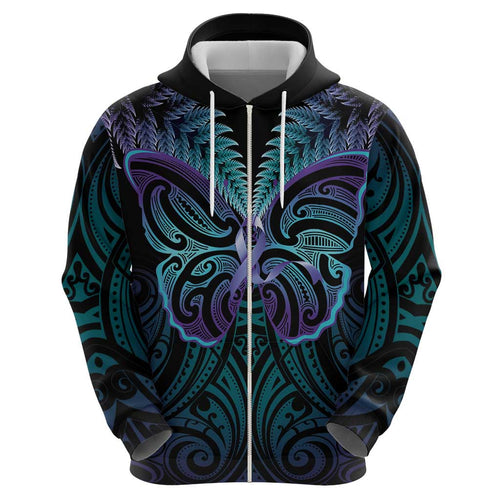 Suicide Prevention New Zealand Zip Hoodie Aotearoa Maori Butterfly Mix Silver Fern - Aussie Hoodie