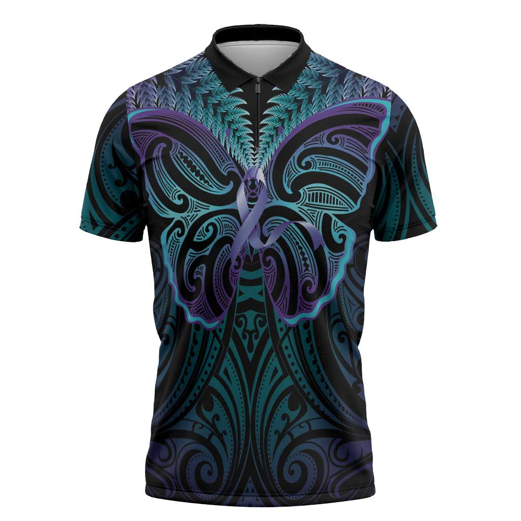 Suicide Prevention New Zealand Zipper Polo Shirt Aotearoa Maori Butterfly Mix Silver Fern - Aussie Hoodie