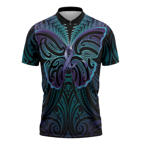 Suicide Prevention New Zealand Zipper Polo Shirt Aotearoa Maori Butterfly Mix Silver Fern - Aussie Hoodie