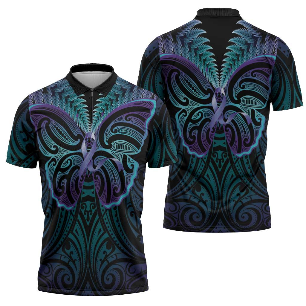 Suicide Prevention New Zealand Zipper Polo Shirt Aotearoa Maori Butterfly Mix Silver Fern - Aussie Hoodie