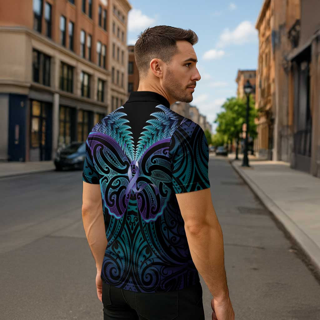 Suicide Prevention New Zealand Zipper Polo Shirt Aotearoa Maori Butterfly Mix Silver Fern - Aussie Hoodie