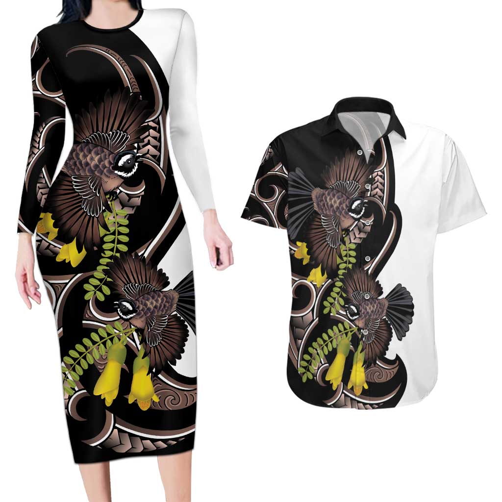 New Zealand Valentines Day Couples Matching Long Sleeve Bodycon Dress and Hawaiian Shirt Piwakawaka Lovers Maori Koru Tattoo - Aussie Hoodie