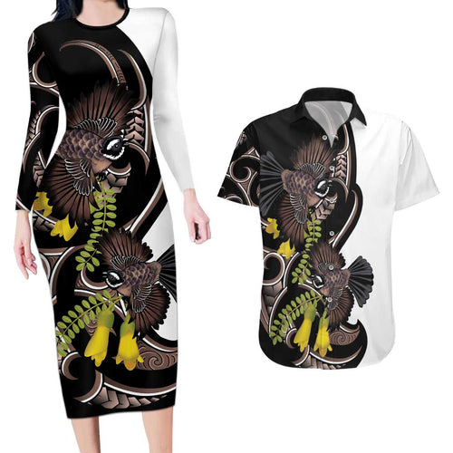 New Zealand Valentines Day Couples Matching Long Sleeve Bodycon Dress and Hawaiian Shirt Piwakawaka Lovers Maori Koru Tattoo - Aussie Hoodie