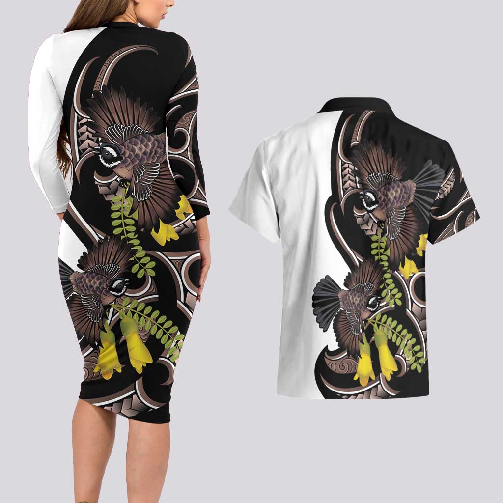 New Zealand Valentines Day Couples Matching Long Sleeve Bodycon Dress and Hawaiian Shirt Piwakawaka Lovers Maori Koru Tattoo - Aussie Hoodie