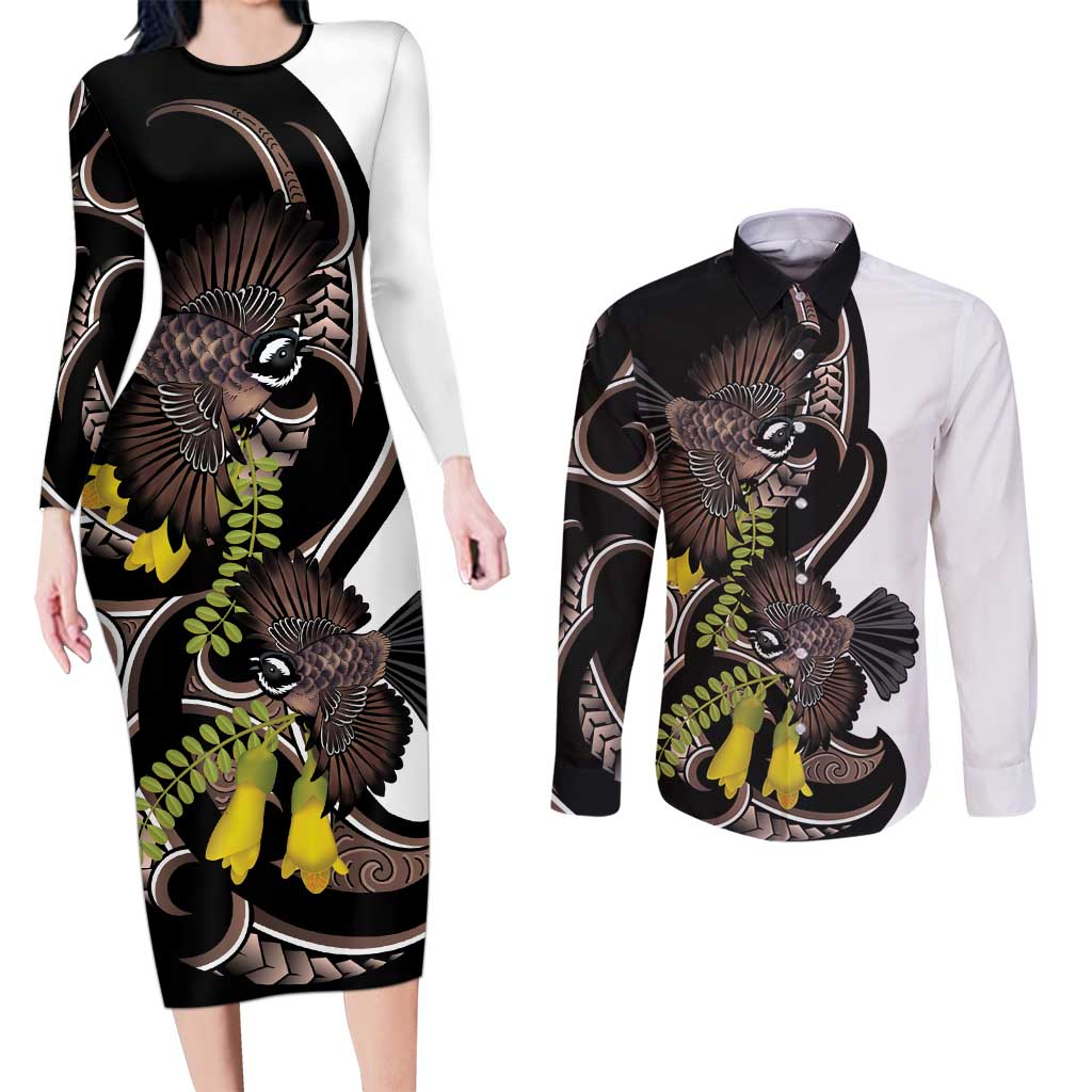 New Zealand Valentines Day Couples Matching Long Sleeve Bodycon Dress and Long Sleeve Button Shirt Piwakawaka Lovers Maori Koru Tattoo - Aussie Hoodie