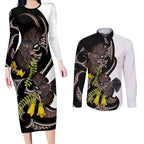 New Zealand Valentines Day Couples Matching Long Sleeve Bodycon Dress and Long Sleeve Button Shirt Piwakawaka Lovers Maori Koru Tattoo - Aussie Hoodie
