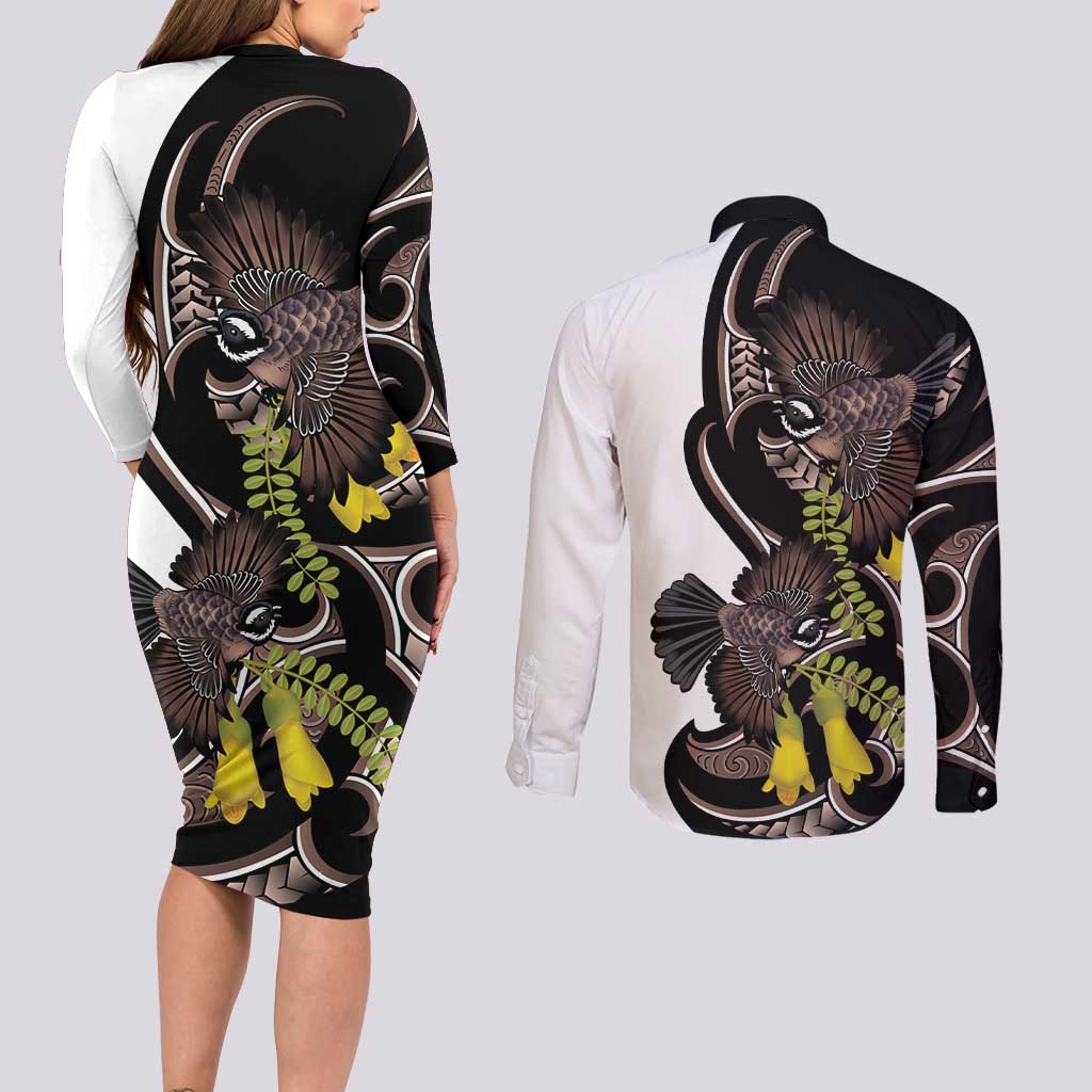 New Zealand Valentines Day Couples Matching Long Sleeve Bodycon Dress and Long Sleeve Button Shirt Piwakawaka Lovers Maori Koru Tattoo - Aussie Hoodie