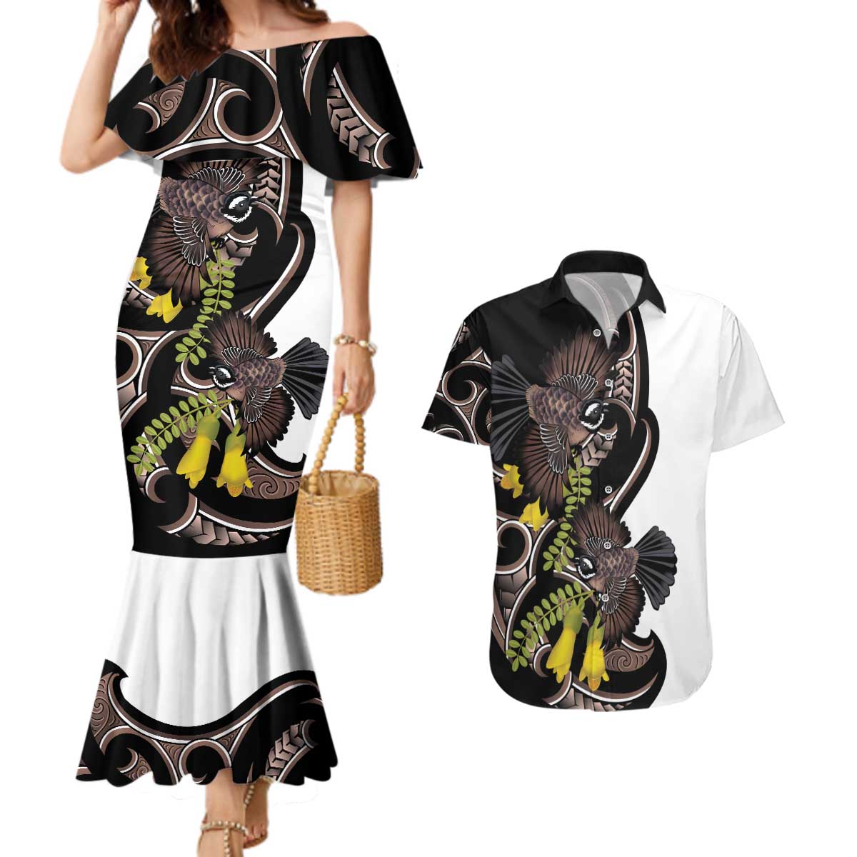New Zealand Valentines Day Couples Matching Mermaid Dress and Hawaiian Shirt Piwakawaka Lovers Maori Koru Tattoo - Aussie Hoodie