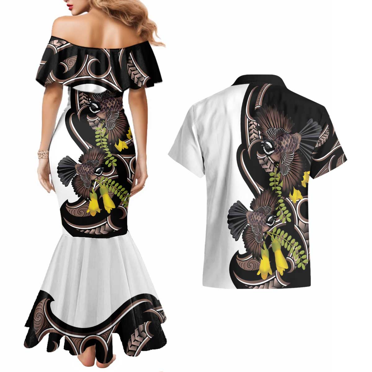 New Zealand Valentines Day Couples Matching Mermaid Dress and Hawaiian Shirt Piwakawaka Lovers Maori Koru Tattoo - Aussie Hoodie