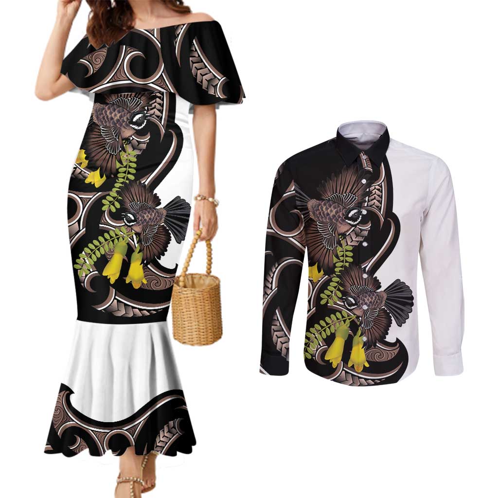 New Zealand Valentines Day Couples Matching Mermaid Dress and Long Sleeve Button Shirt Piwakawaka Lovers Maori Koru Tattoo - Aussie Hoodie