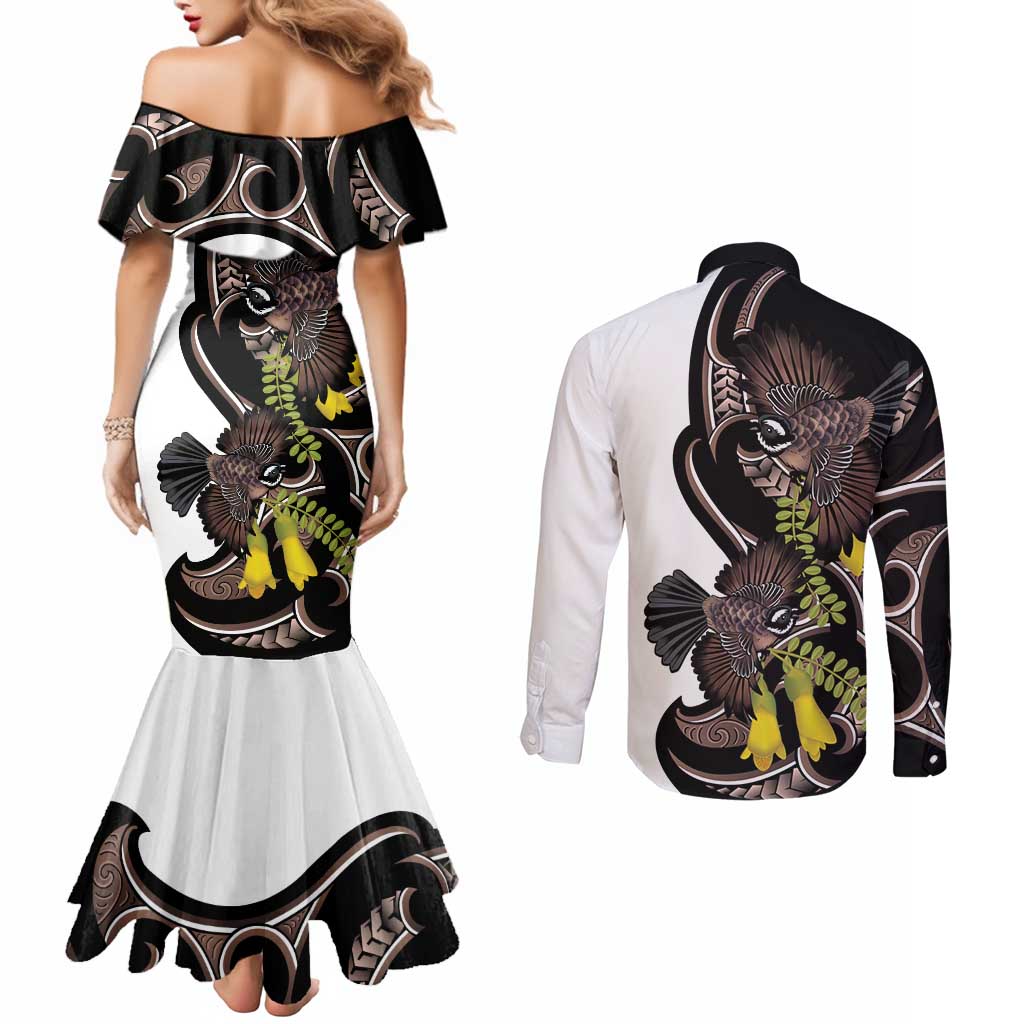 New Zealand Valentines Day Couples Matching Mermaid Dress and Long Sleeve Button Shirt Piwakawaka Lovers Maori Koru Tattoo - Aussie Hoodie