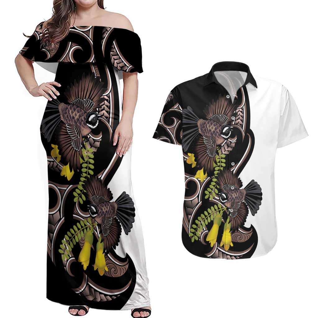 New Zealand Valentines Day Couples Matching Off Shoulder Maxi Dress and Hawaiian Shirt Piwakawaka Lovers Maori Koru Tattoo - Aussie Hoodie