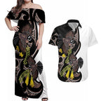 New Zealand Valentines Day Couples Matching Off Shoulder Maxi Dress and Hawaiian Shirt Piwakawaka Lovers Maori Koru Tattoo - Aussie Hoodie
