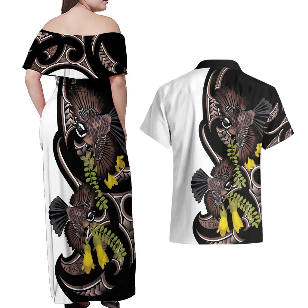 New Zealand Valentines Day Couples Matching Off Shoulder Maxi Dress and Hawaiian Shirt Piwakawaka Lovers Maori Koru Tattoo - Aussie Hoodie