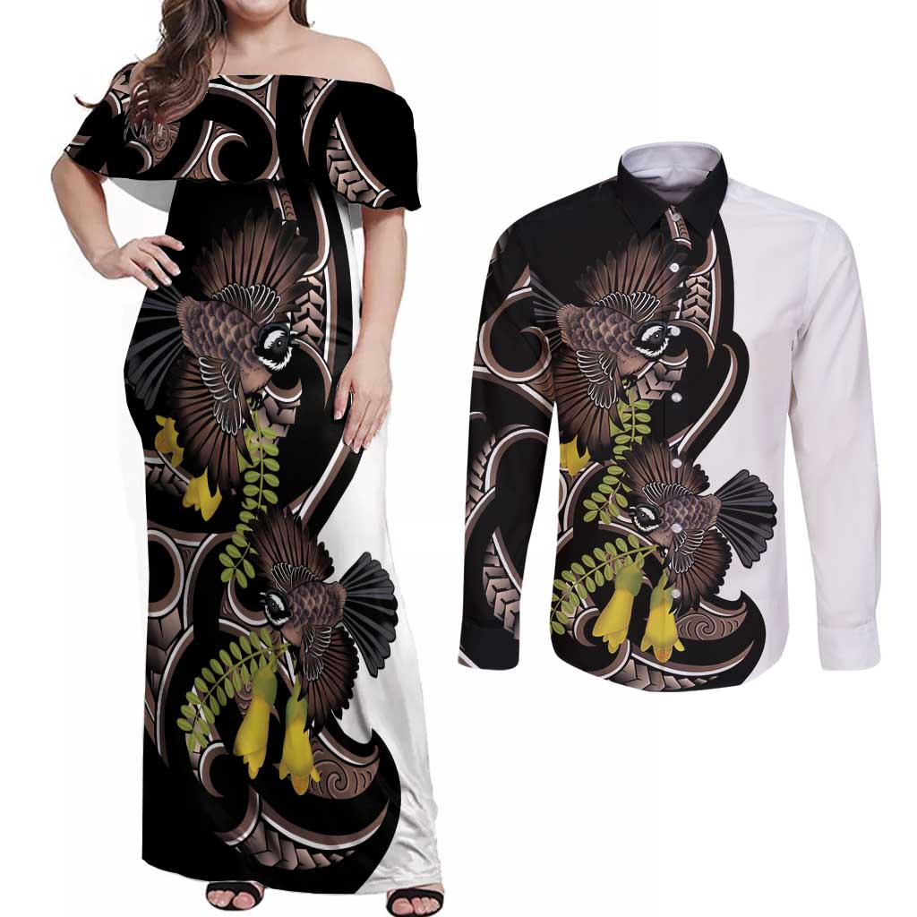 New Zealand Valentines Day Couples Matching Off Shoulder Maxi Dress and Long Sleeve Button Shirt Piwakawaka Lovers Maori Koru Tattoo - Aussie Hoodie
