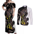 New Zealand Valentines Day Couples Matching Off Shoulder Maxi Dress and Long Sleeve Button Shirt Piwakawaka Lovers Maori Koru Tattoo - Aussie Hoodie