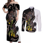 New Zealand Valentines Day Couples Matching Off Shoulder Maxi Dress and Long Sleeve Button Shirt Piwakawaka Lovers Maori Koru Tattoo - Aussie Hoodie