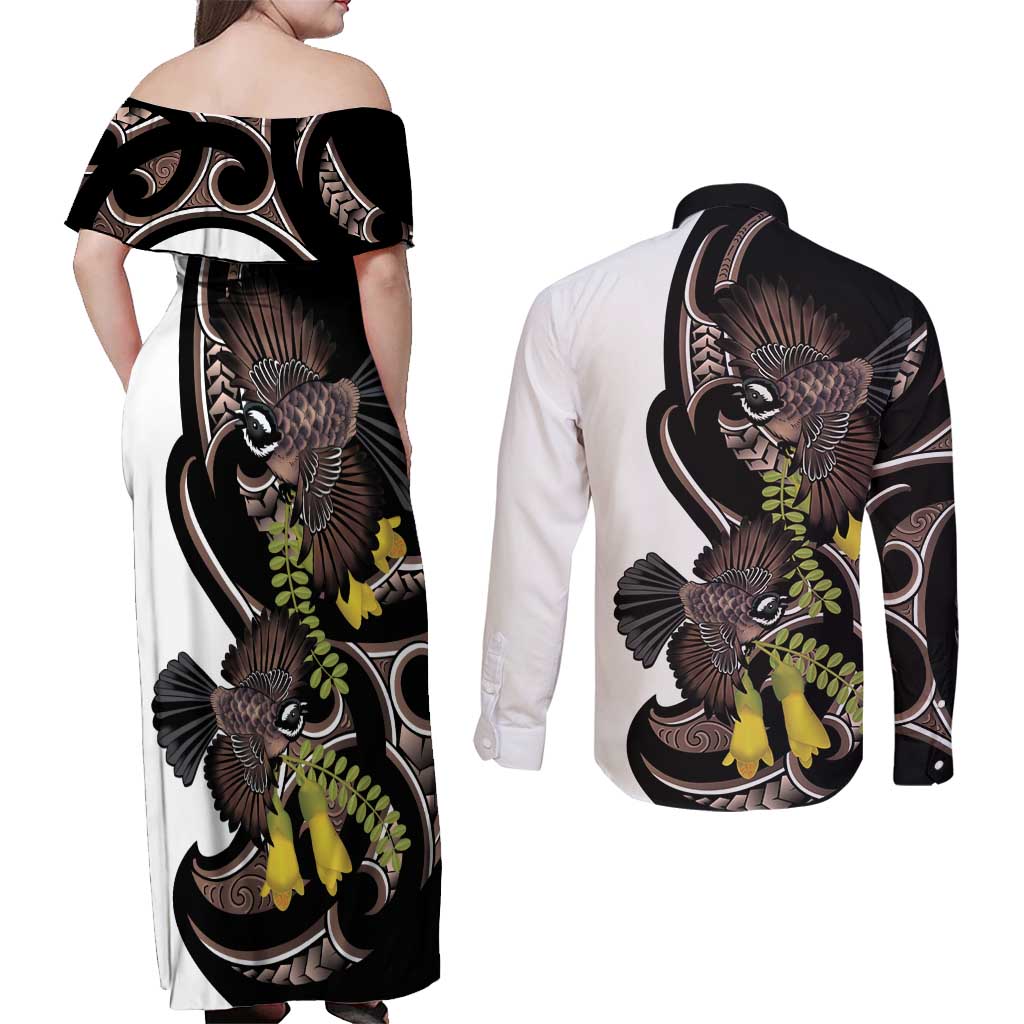 New Zealand Valentines Day Couples Matching Off Shoulder Maxi Dress and Long Sleeve Button Shirt Piwakawaka Lovers Maori Koru Tattoo - Aussie Hoodie