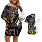 New Zealand Valentines Day Couples Matching Off Shoulder Short Dress and Hawaiian Shirt Piwakawaka Lovers Maori Koru Tattoo - Aussie Hoodie
