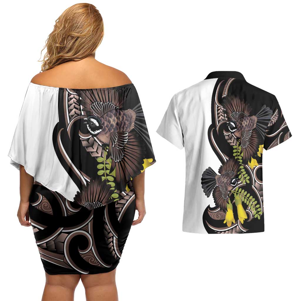 New Zealand Valentines Day Couples Matching Off Shoulder Short Dress and Hawaiian Shirt Piwakawaka Lovers Maori Koru Tattoo - Aussie Hoodie