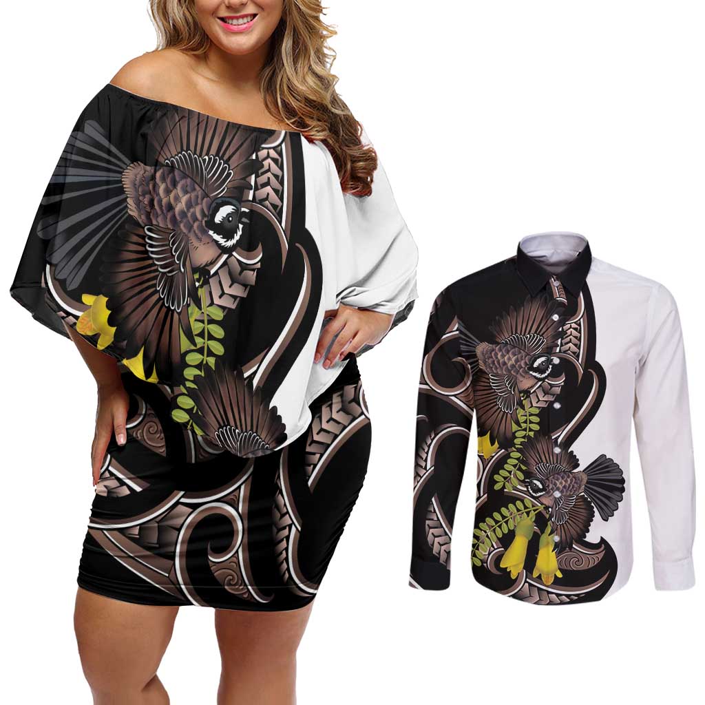 New Zealand Valentines Day Couples Matching Off Shoulder Short Dress and Long Sleeve Button Shirt Piwakawaka Lovers Maori Koru Tattoo - Aussie Hoodie