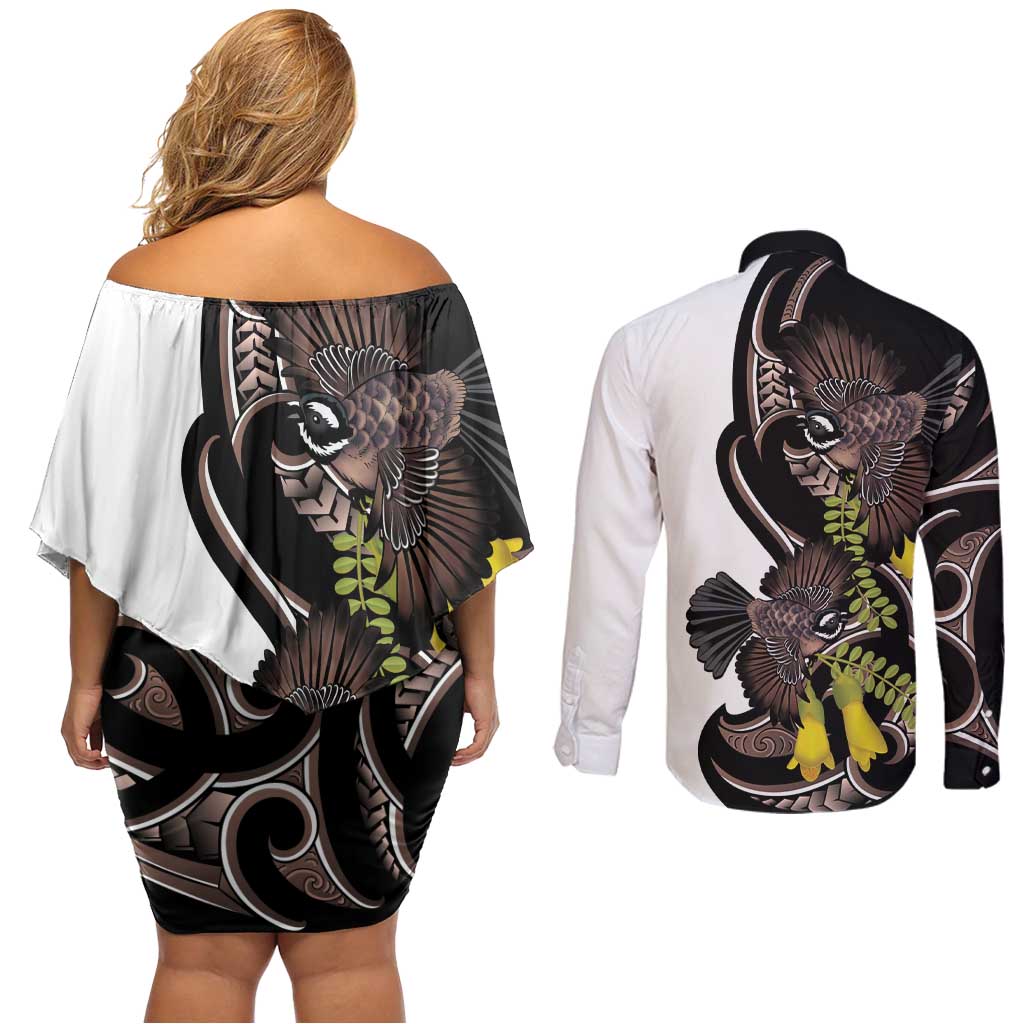 New Zealand Valentines Day Couples Matching Off Shoulder Short Dress and Long Sleeve Button Shirt Piwakawaka Lovers Maori Koru Tattoo - Aussie Hoodie