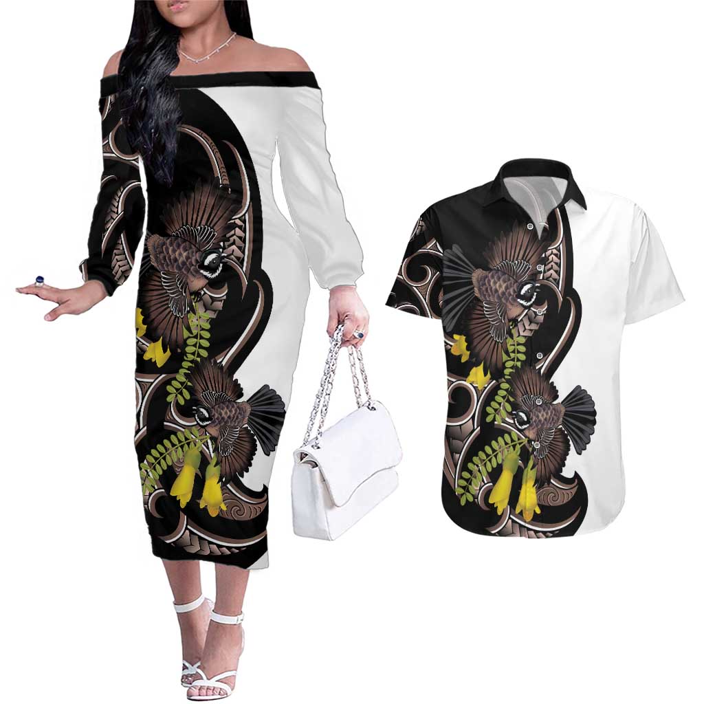 New Zealand Valentines Day Couples Matching Off The Shoulder Long Sleeve Dress and Hawaiian Shirt Piwakawaka Lovers Maori Koru Tattoo - Aussie Hoodie