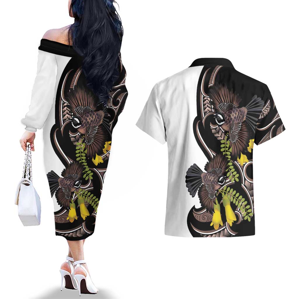 New Zealand Valentines Day Couples Matching Off The Shoulder Long Sleeve Dress and Hawaiian Shirt Piwakawaka Lovers Maori Koru Tattoo - Aussie Hoodie