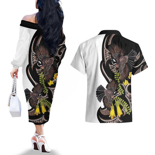 New Zealand Valentines Day Couples Matching Off The Shoulder Long Sleeve Dress and Hawaiian Shirt Piwakawaka Lovers Maori Koru Tattoo - Aussie Hoodie
