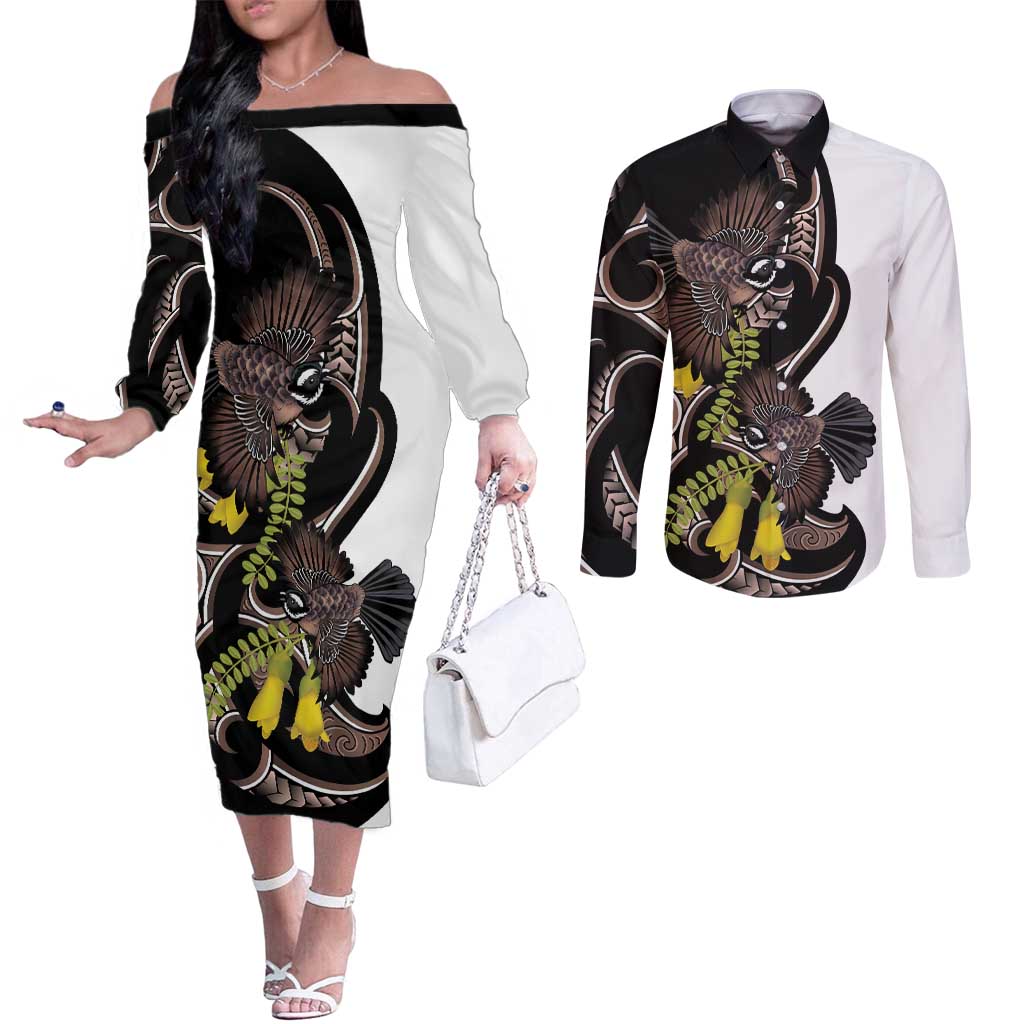 New Zealand Valentines Day Couples Matching Off The Shoulder Long Sleeve Dress and Long Sleeve Button Shirt Piwakawaka Lovers Maori Koru Tattoo - Aussie Hoodie