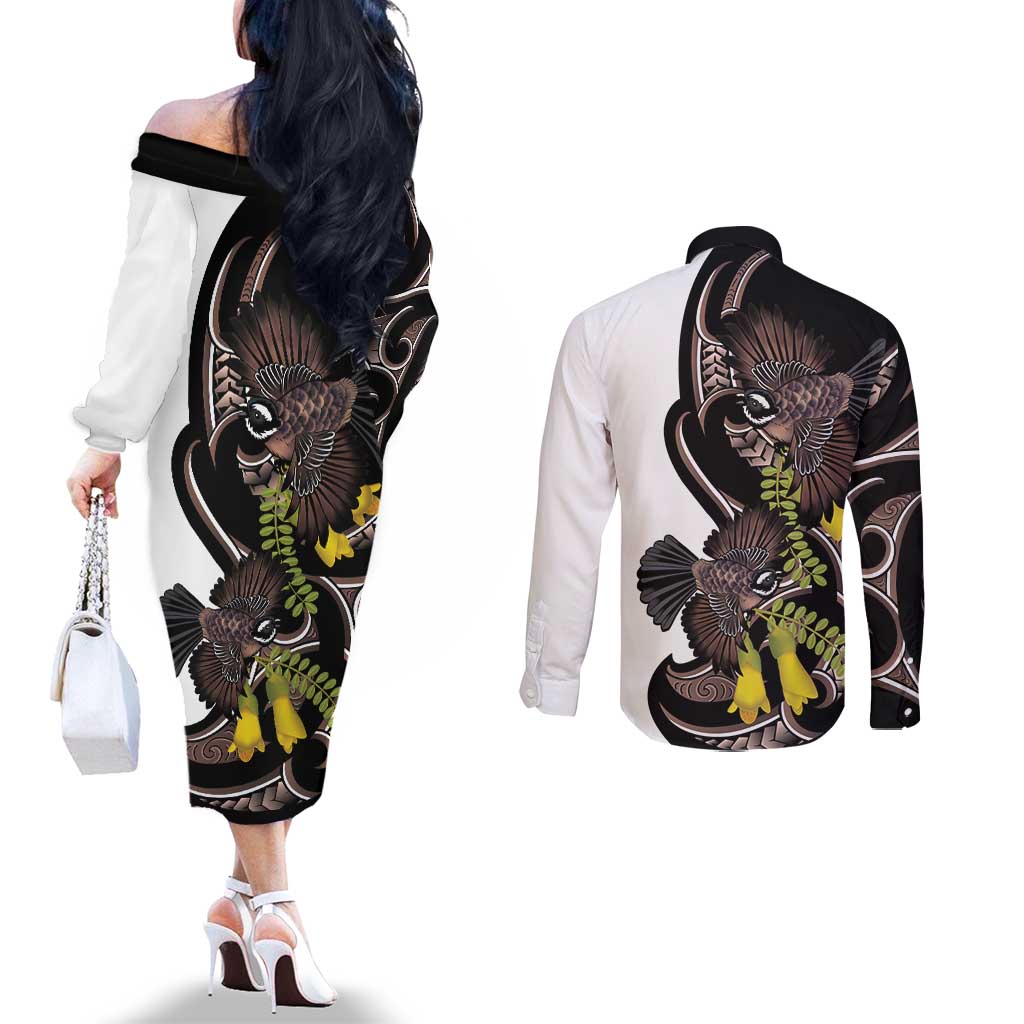 New Zealand Valentines Day Couples Matching Off The Shoulder Long Sleeve Dress and Long Sleeve Button Shirt Piwakawaka Lovers Maori Koru Tattoo - Aussie Hoodie