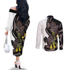 New Zealand Valentines Day Couples Matching Off The Shoulder Long Sleeve Dress and Long Sleeve Button Shirt Piwakawaka Lovers Maori Koru Tattoo - Aussie Hoodie