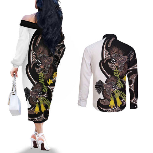 New Zealand Valentines Day Couples Matching Off The Shoulder Long Sleeve Dress and Long Sleeve Button Shirt Piwakawaka Lovers Maori Koru Tattoo - Aussie Hoodie