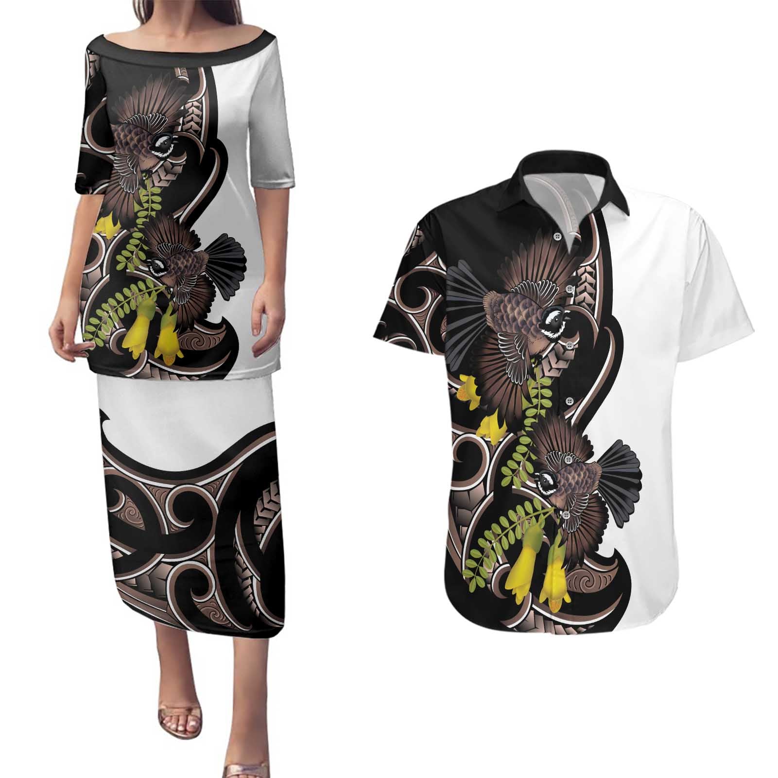 New Zealand Valentines Day Couples Matching Puletasi and Hawaiian Shirt Piwakawaka Lovers Maori Koru Tattoo - Aussie Hoodie