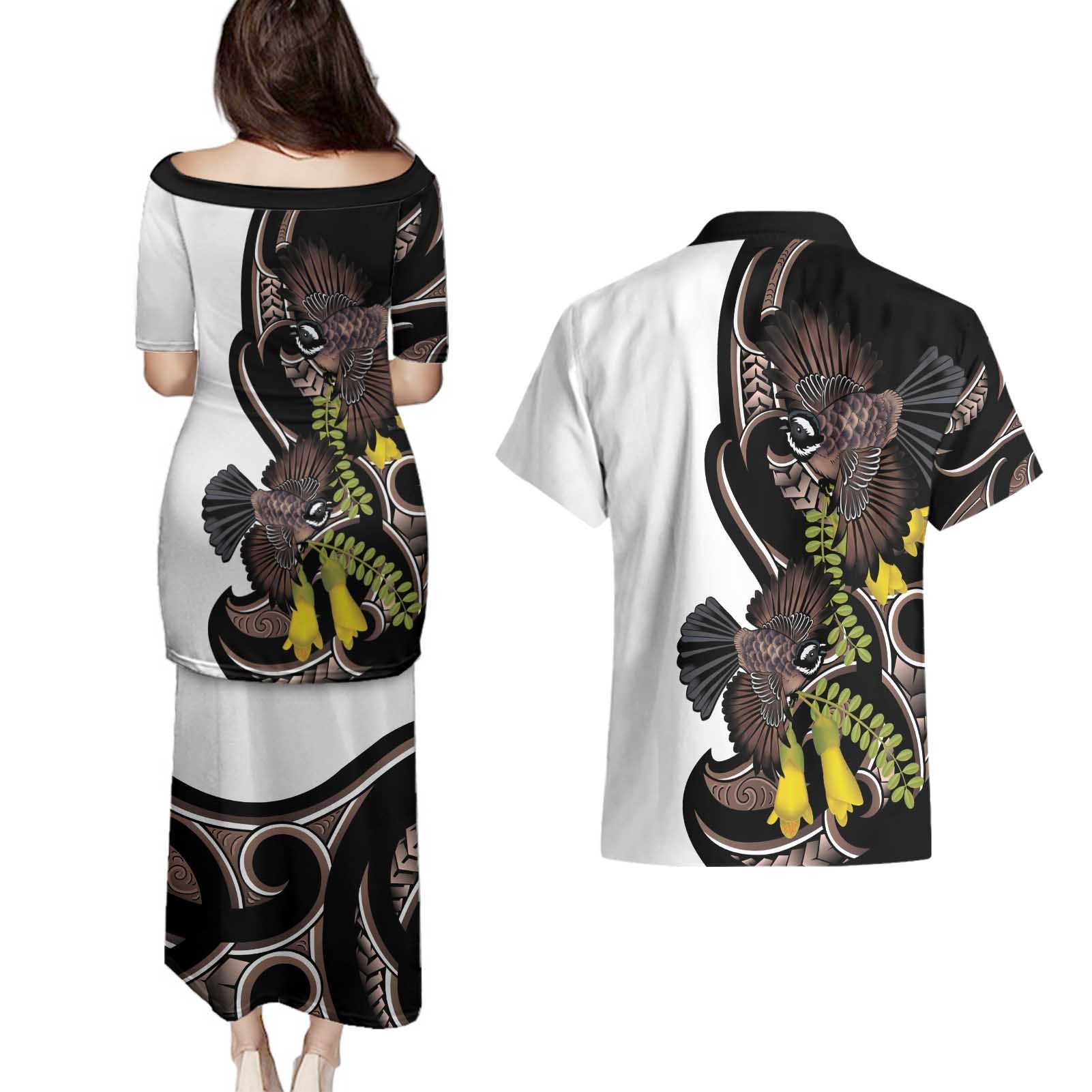 New Zealand Valentines Day Couples Matching Puletasi and Hawaiian Shirt Piwakawaka Lovers Maori Koru Tattoo - Aussie Hoodie