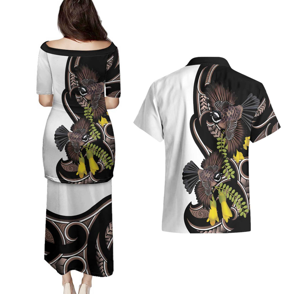 New Zealand Valentines Day Couples Matching Puletasi and Hawaiian Shirt Piwakawaka Lovers Maori Koru Tattoo - Aussie Hoodie